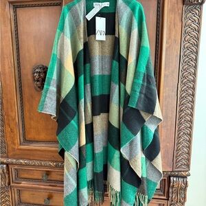NWT Zara Wool Blend Multicolor Plaid Ruana Poncho Shawl Wrap